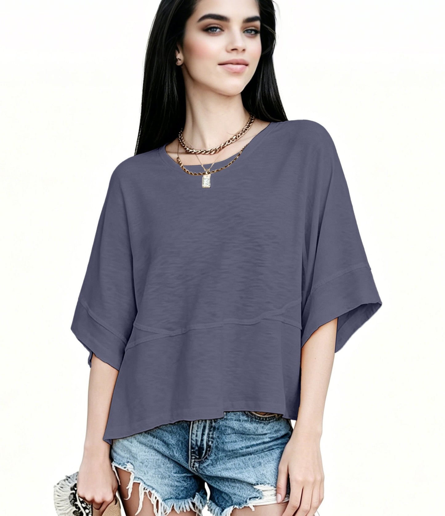 Women's Summer Casual Crewneck Batwing Half Sleeve T-Shirts Solid Color Loose Fit Cute Basic Flowy Tops Tees Blouses