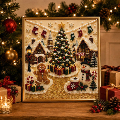 🎄🎅 Premium 3D Pearl Christmas Wall Art Kit | Luxury Flocked Canvas with Scratch-Resistant Non-Fading Pearl Beads DIY Holiday Decor ⛄️❄️