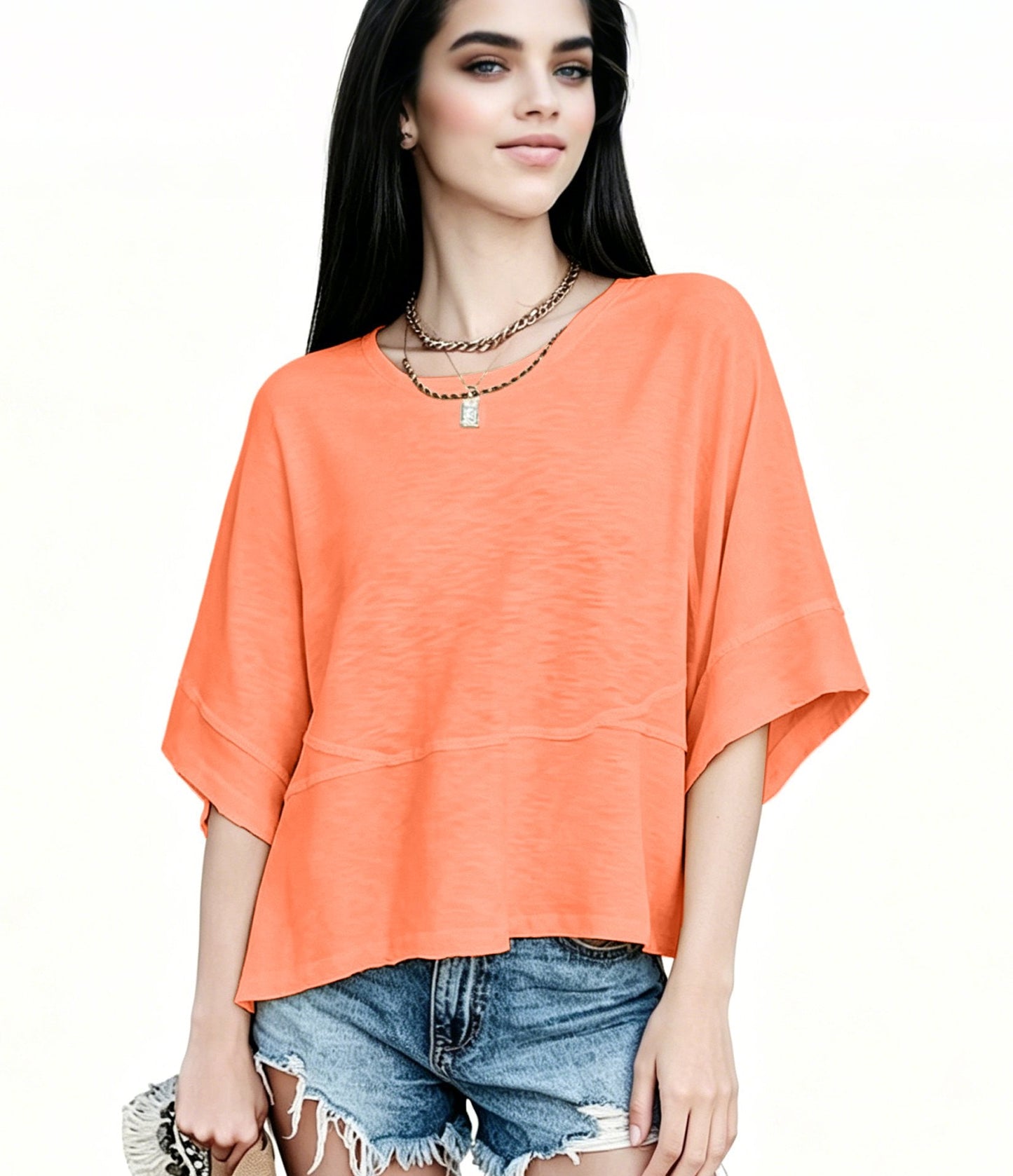 Women's Summer Casual Crewneck Batwing Half Sleeve T-Shirts Solid Color Loose Fit Cute Basic Flowy Tops Tees Blouses