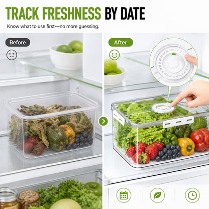 Produce Freshness Containers with Timer & Drainage – BPA-Free Fridge Organizer