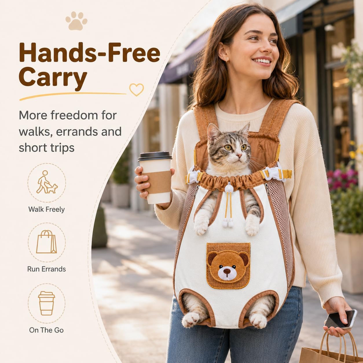 Cute Bear Design Front Pet Carrier Backpack, Breathable Adjustable Hands-Free Travel Chest Bag for Cats Small Dogs Walking Shopping Vet Visits