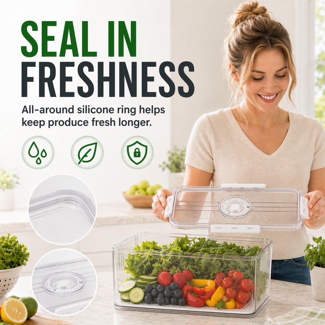 Produce Freshness Containers with Timer & Drainage – BPA-Free Fridge Organizer