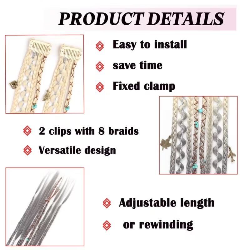 🔥🆕 2026 Boho Dreadlock Clip-In Hair Extensions 🌿 – 20" Braided Hair with Beads & Charms