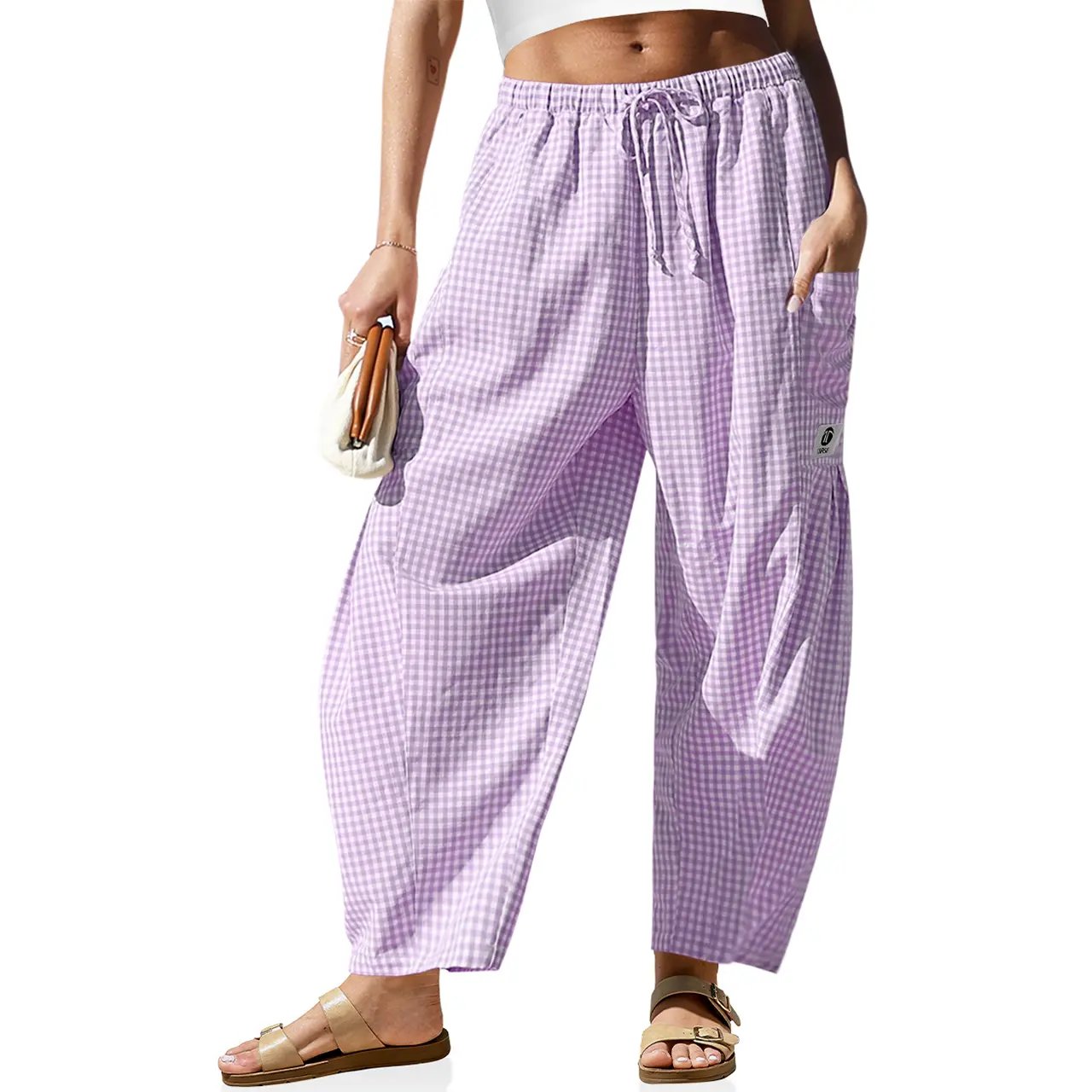 Womens Wide Leg Gingham Striped Plaid Pants Casual Barrel Loose Drawstring Low Waist Palazzo Harem Pants with Pockets