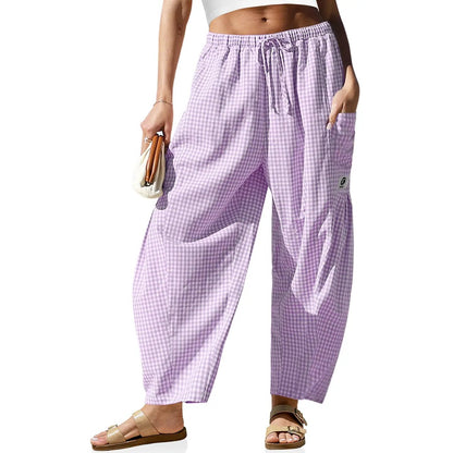 Womens Wide Leg Gingham Striped Plaid Pants Casual Barrel Loose Drawstring Low Waist Palazzo Harem Pants with Pockets