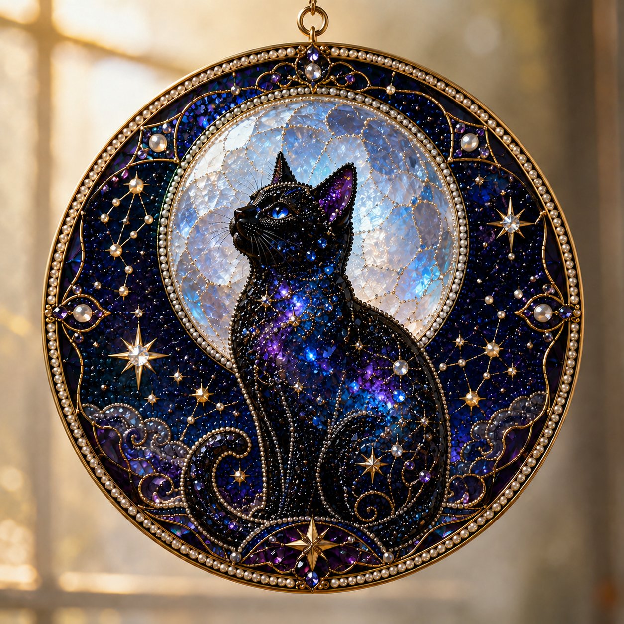 🌙🐈‍⬛ LAST DAY 49% OFF – ✨ Premium 3D Pearl Celestial Black Cat Window Hanging Kit | Luxury Flocked Canvas with Scratch-Resistant Non-Fading Pearl Beads DIY Handmade Moonlight Suncatcher Decor 🔮💎