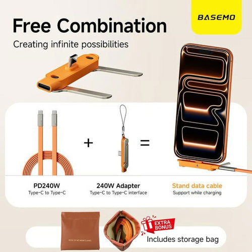240W Super Fast Charging 360° Rotating Invisible Stand Detachable Two-in-One Charging Cable, Zinc Alloy Silicone Type-C Cable compatible with Apple and Samsung, essential for gaming, office, and car use | Bestselling cutting-edge technology.