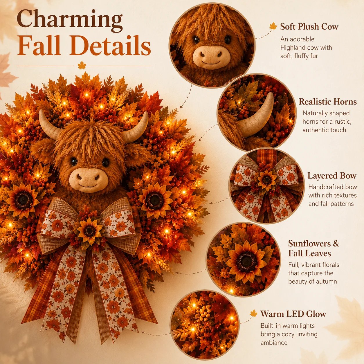 🍂🐮Autumn Highland cow wreath decoration with lights