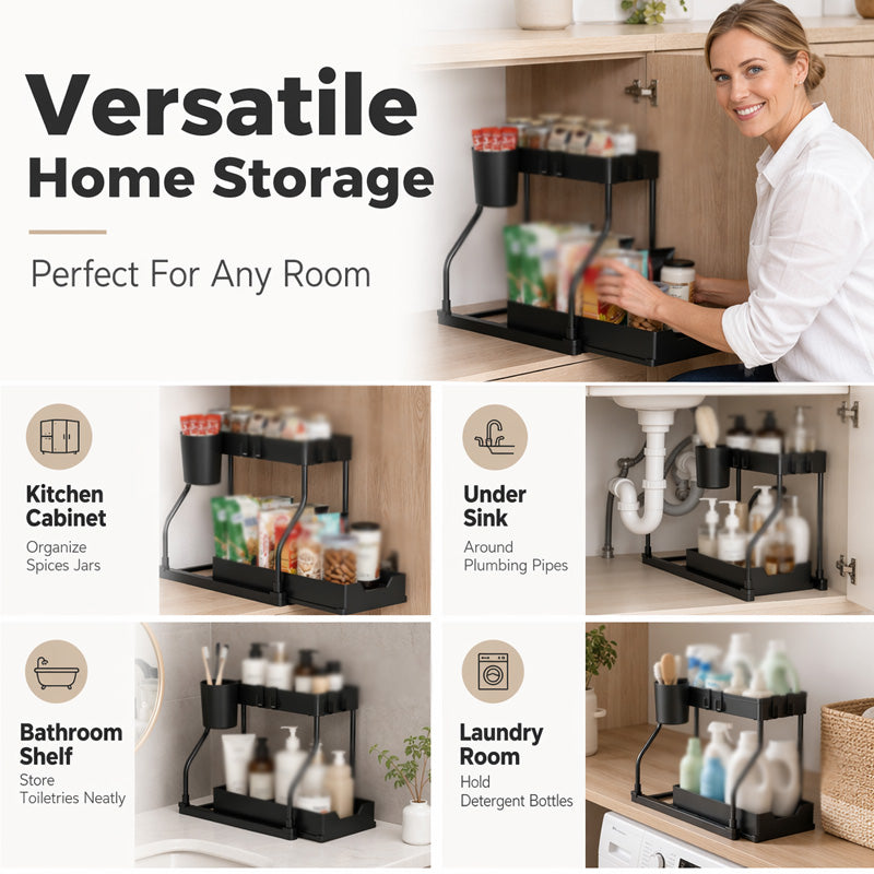 🧺 Pull Out Under Sink Organizer, 2-Tier Kitchen & Bathroom Storage Caddy