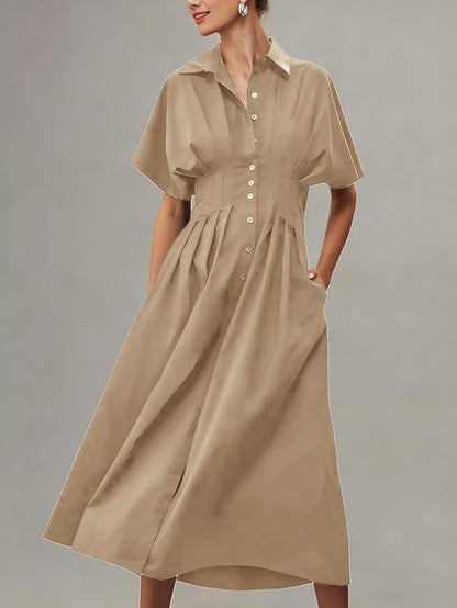 Shirt Dress for Women Summer Casual Short Sleeve Button Down Loose Pleated Maxi Sundress with Pockets