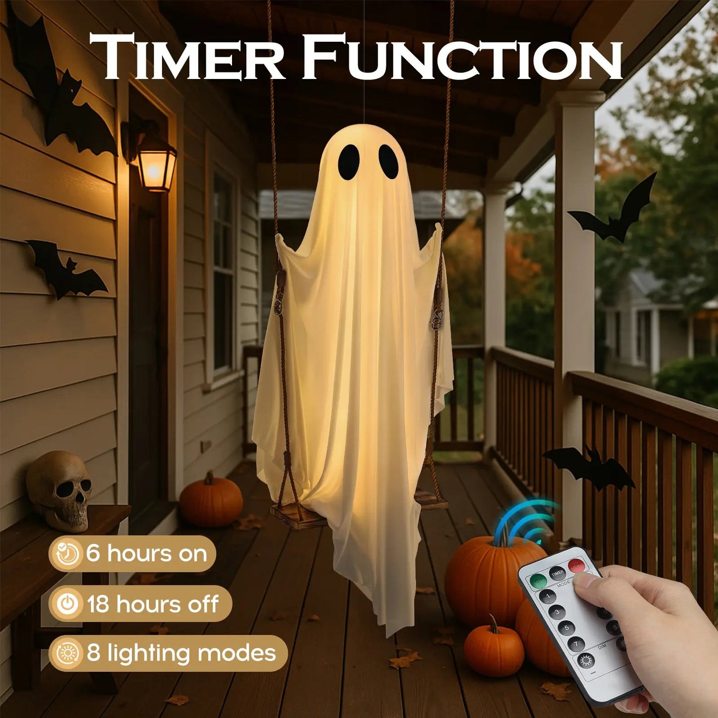 🔥Last Day 59% OFF🔥5FT Giant Lighted Halloween Ghost Swing – Create A Spooky Yard Scene