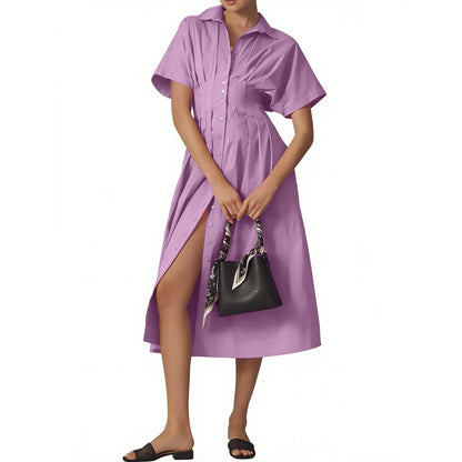 Shirt Dress for Women Summer Casual Short Sleeve Button Down Loose Pleated Maxi Sundress with Pockets