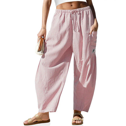 Womens Wide Leg Gingham Striped Plaid Pants Casual Barrel Loose Drawstring Low Waist Palazzo Harem Pants with Pockets
