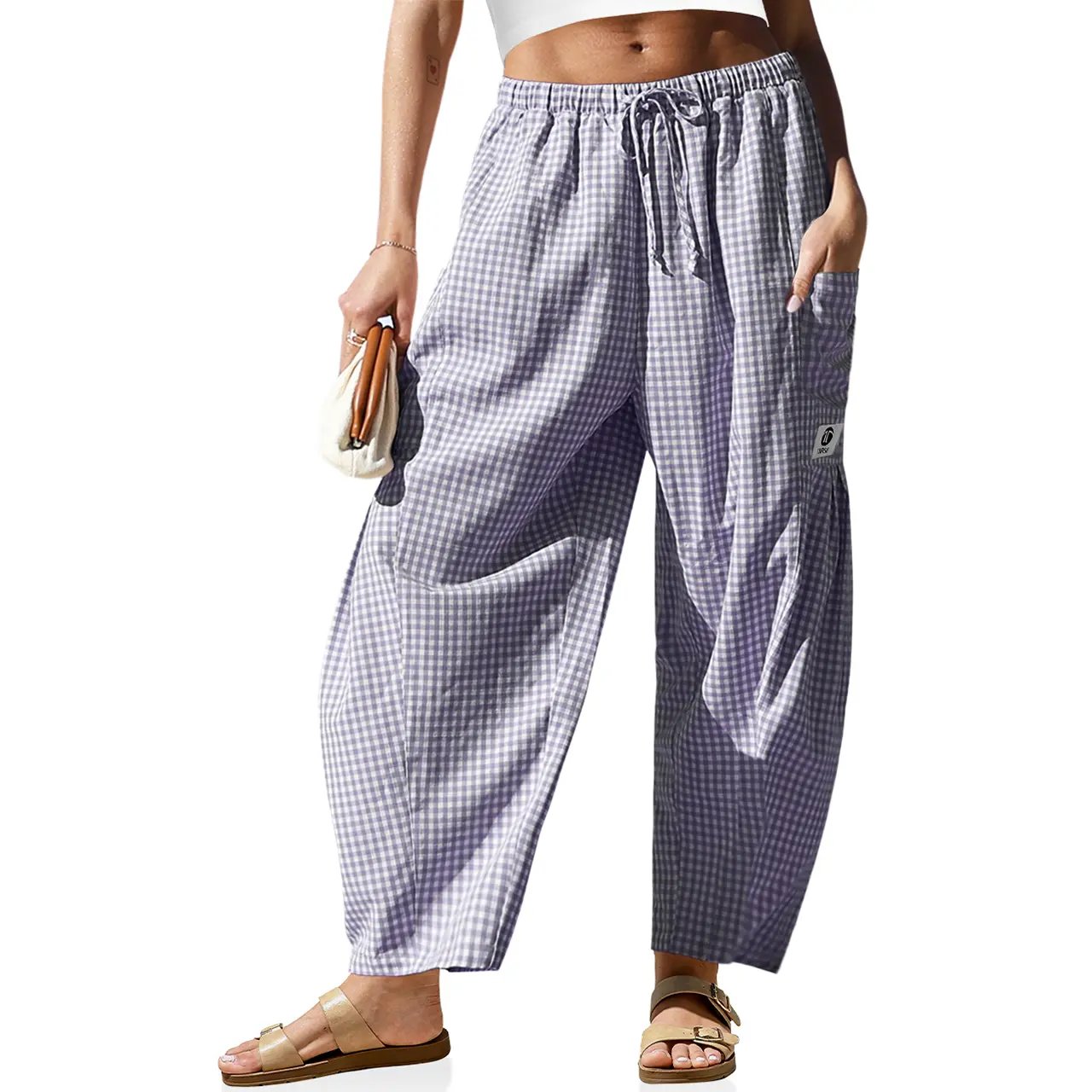Womens Wide Leg Gingham Striped Plaid Pants Casual Barrel Loose Drawstring Low Waist Palazzo Harem Pants with Pockets