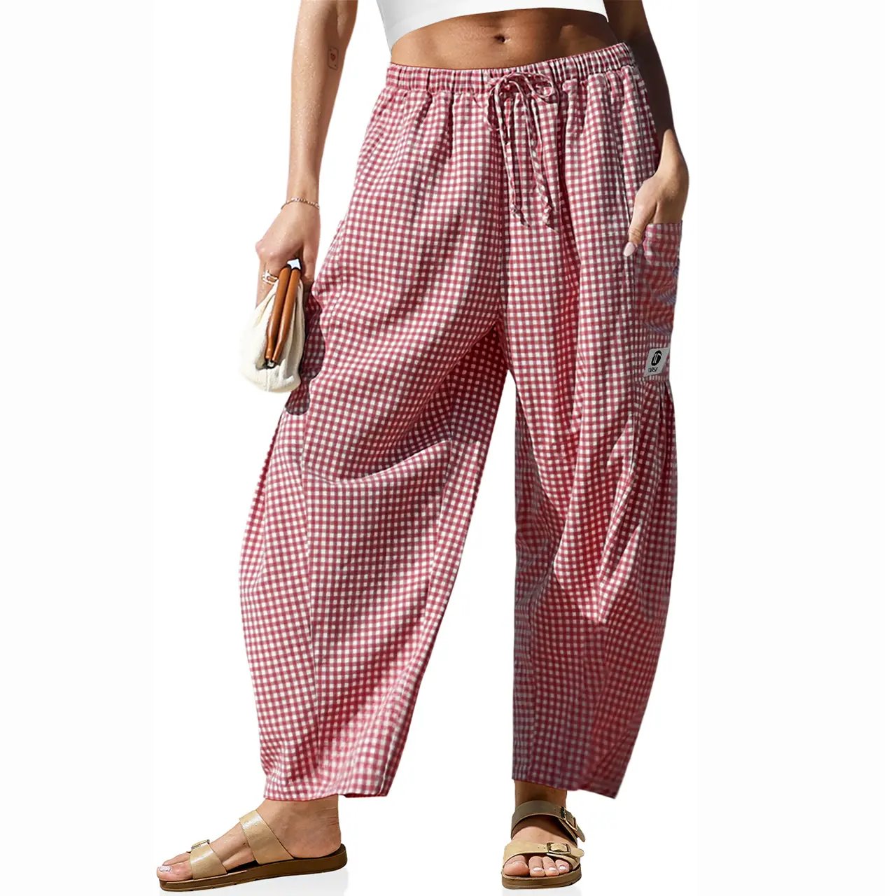 Womens Wide Leg Gingham Striped Plaid Pants Casual Barrel Loose Drawstring Low Waist Palazzo Harem Pants with Pockets