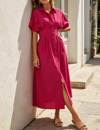 Shirt Dress for Women Summer Casual Short Sleeve Button Down Loose Pleated Maxi Sundress with Pockets