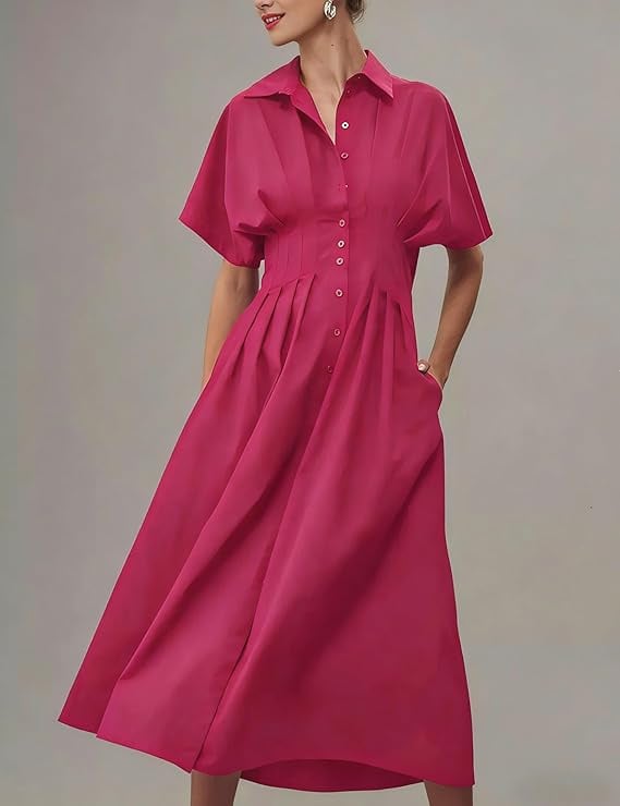 Shirt Dress for Women Summer Casual Short Sleeve Button Down Loose Pleated Maxi Sundress with Pockets