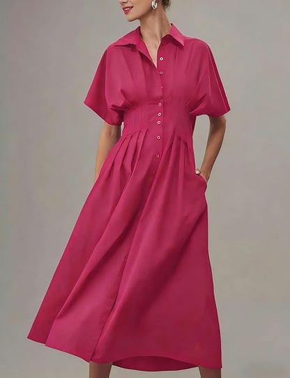 Shirt Dress for Women Summer Casual Short Sleeve Button Down Loose Pleated Maxi Sundress with Pockets