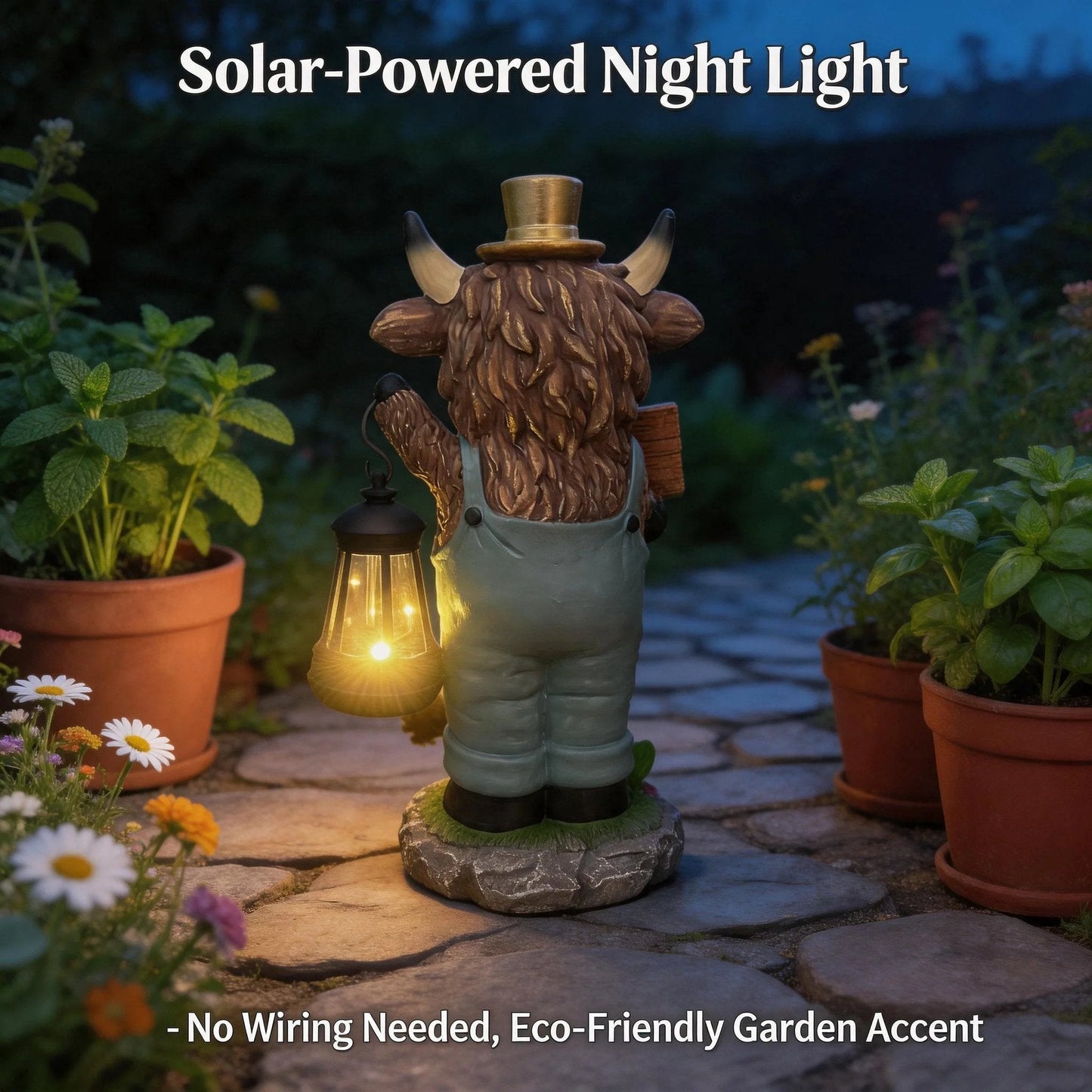 Handcrafted Solar-Powered Scottish Highland Bull Garden Welcome Light