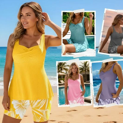 🔥🔥🔥Two-piece Body Covering Surplice Tankini Printed Boxer Swimsuit-6 colors🤩