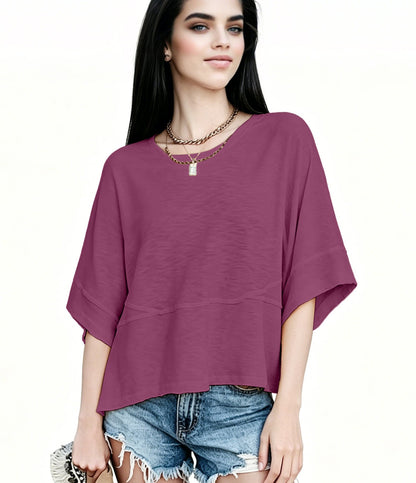 Women's Summer Casual Crewneck Batwing Half Sleeve T-Shirts Solid Color Loose Fit Cute Basic Flowy Tops Tees Blouses