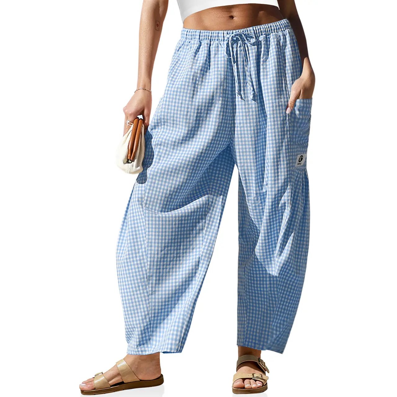 Womens Wide Leg Gingham Striped Plaid Pants Casual Barrel Loose Drawstring Low Waist Palazzo Harem Pants with Pockets