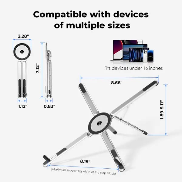 Adjustable Aluminum Laptop Stand with Integrated Magnetic Phone Holder | Portable & Foldable Desktop Riser for Laptops and Tablets (Silver)