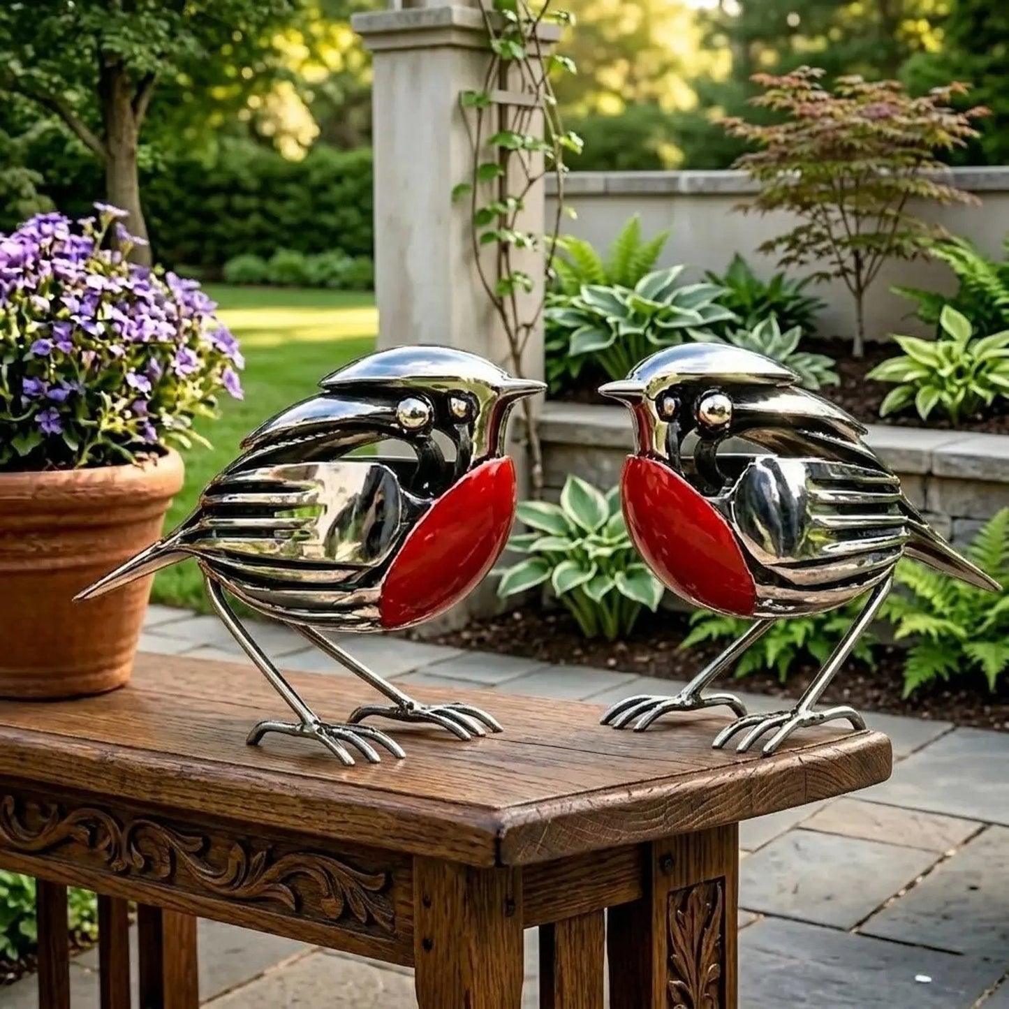 Handmade Silver Robin Garden Sculpture