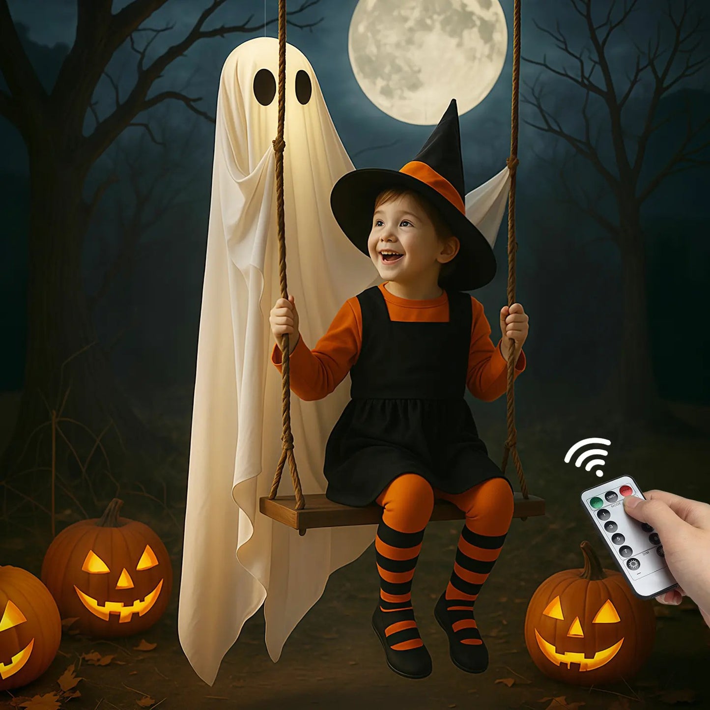 🔥Last Day 59% OFF🔥5FT Giant Lighted Halloween Ghost Swing – Create A Spooky Yard Scene