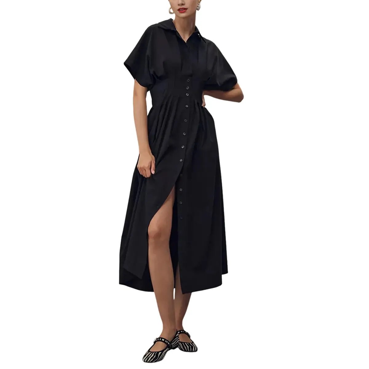 Shirt Dress for Women Summer Casual Short Sleeve Button Down Loose Pleated Maxi Sundress with Pockets