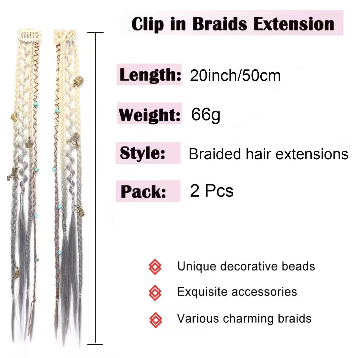 🔥🆕 2026 Boho Dreadlock Clip-In Hair Extensions 🌿 – 20" Braided Hair with Beads & Charms