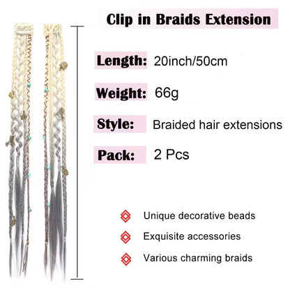 🔥🆕 2026 Boho Dreadlock Clip-In Hair Extensions 🌿 – 20" Braided Hair with Beads & Charms