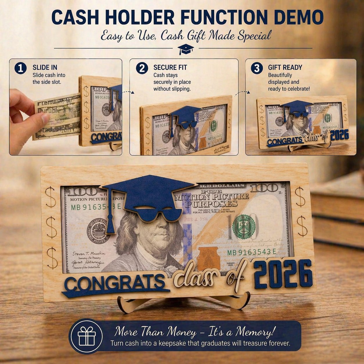 Graduation 2026 Money Holder-Unique Wooden Cash Gift Box for Class of 2026, Creative Graduation Gift for Seniors