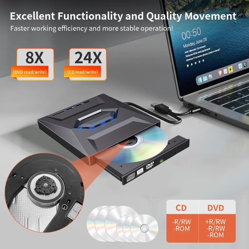 Retro Laptop CD DVD Player USB C 3.0 Portable CD Burner