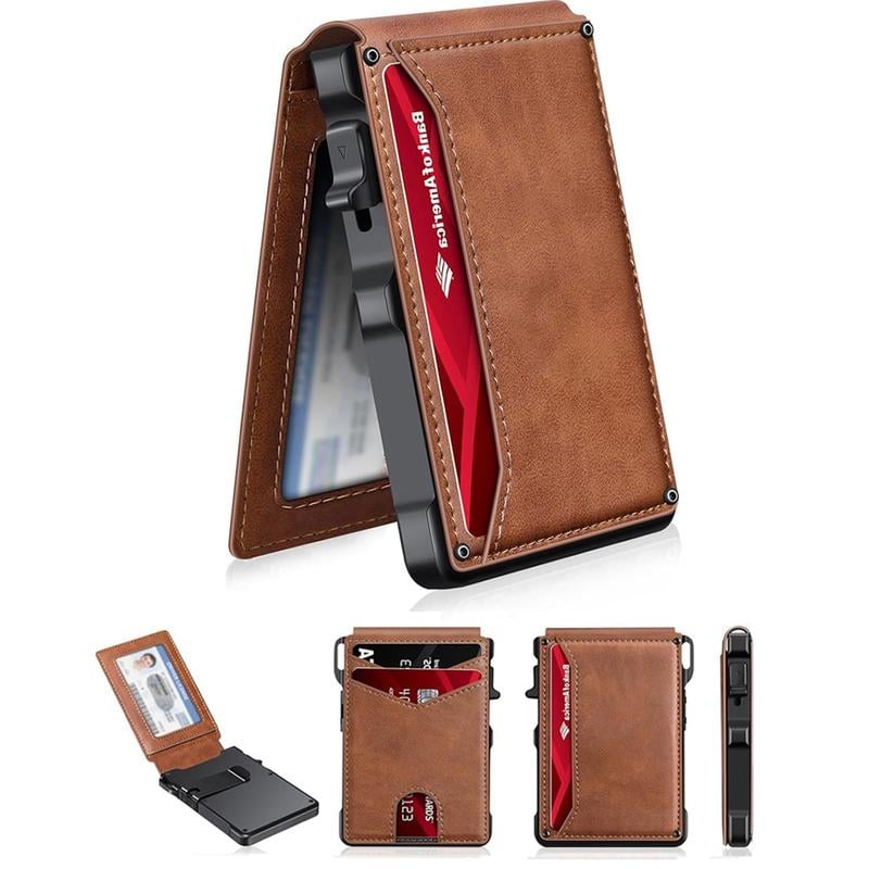 💼🔒Premium Aluminum RFID Blocking Minimalist Wallet for Men — Pop-Up Card Access, Money Clip & ID Window