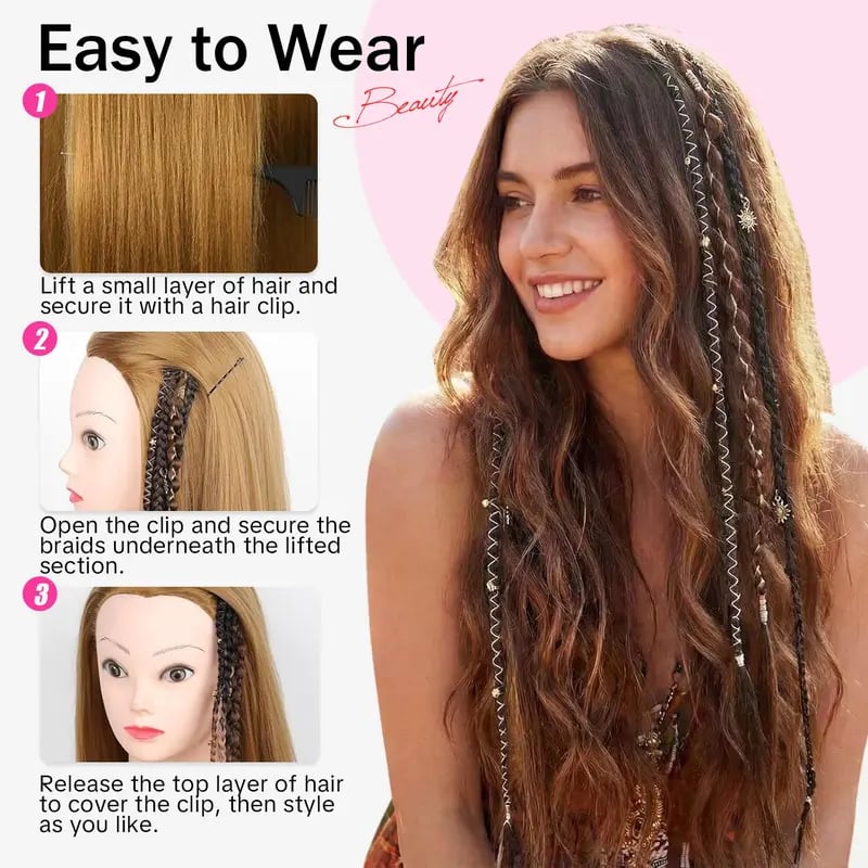 🔥🆕 2026 Boho Dreadlock Clip-In Hair Extensions 🌿 – 20" Braided Hair with Beads & Charms