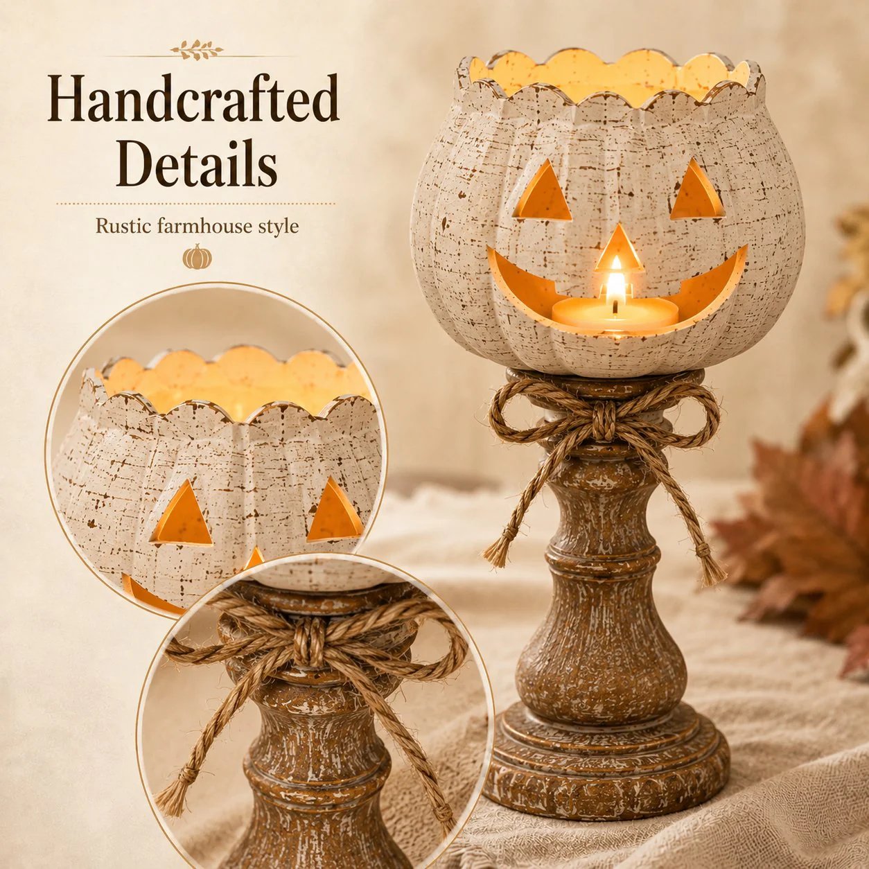 🕯   Set of 3 Rustic White Pumpkin Tealight Candle Holders  | Layered Farmhouse Fall Decor For Halloween & Thanksgiving