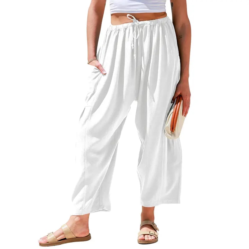 Womens Polyester Wide Leg Pants Casual Loose Fit Beach Palazzo Harem Pants with Pockets Spring Summer Style