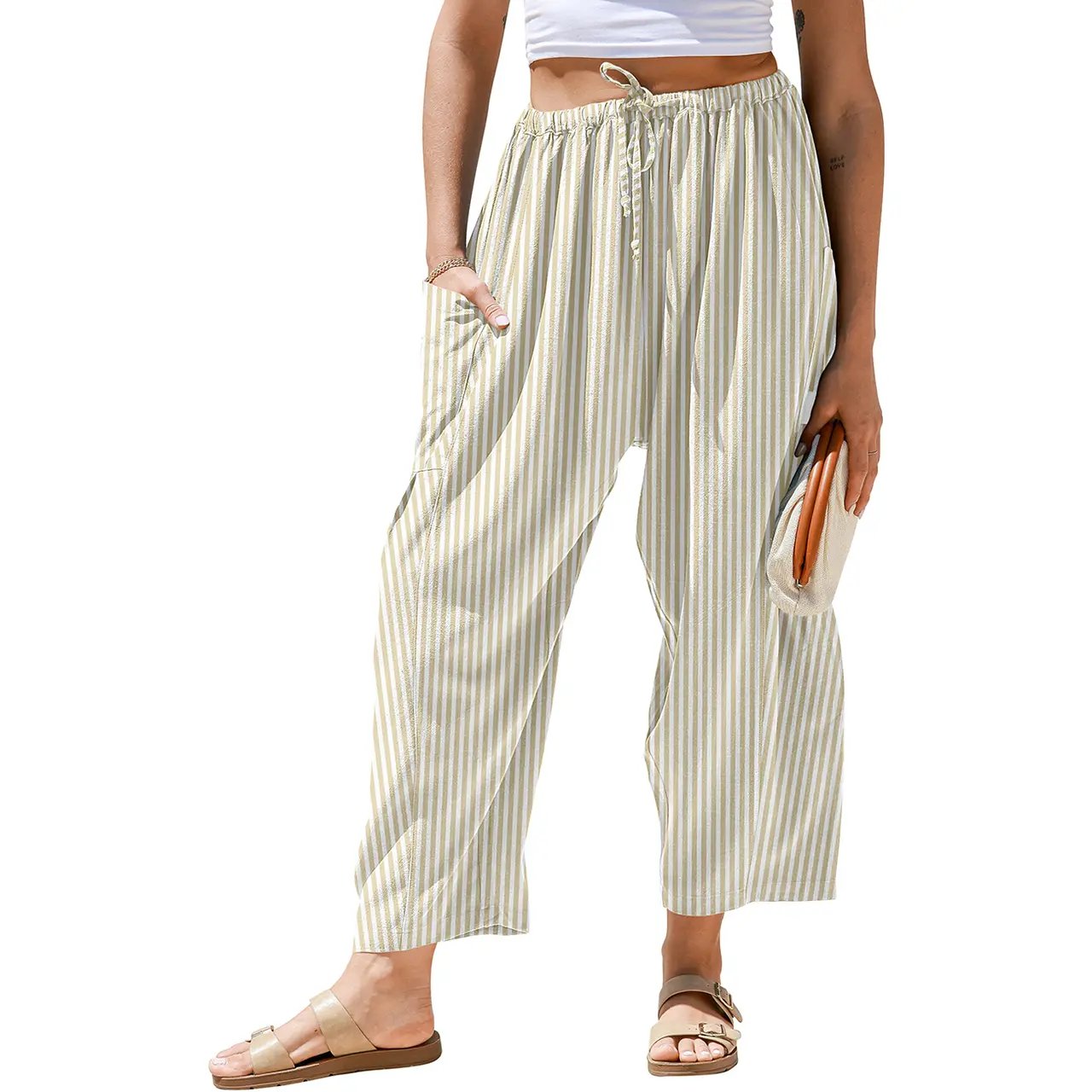Womens Wide Leg Gingham Striped Plaid Pants Casual Barrel Loose Drawstring Low Waist Palazzo Harem Pants with Pockets