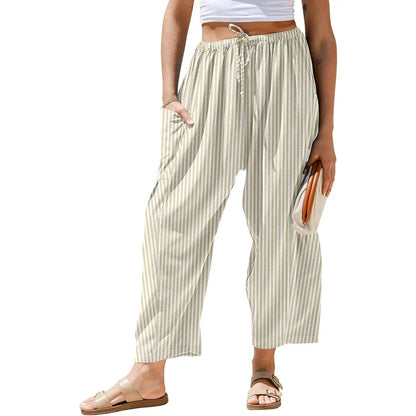 Womens Wide Leg Gingham Striped Plaid Pants Casual Barrel Loose Drawstring Low Waist Palazzo Harem Pants with Pockets