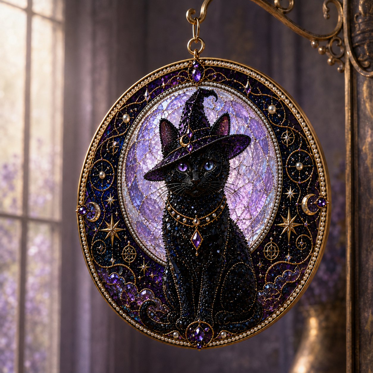 🌙🐈‍⬛ LAST DAY 49% OFF – ✨ Premium 3D Pearl Celestial Black Cat Window Hanging Kit | Luxury Flocked Canvas with Scratch-Resistant Non-Fading Pearl Beads DIY Handmade Moonlight Suncatcher Decor 🔮💎