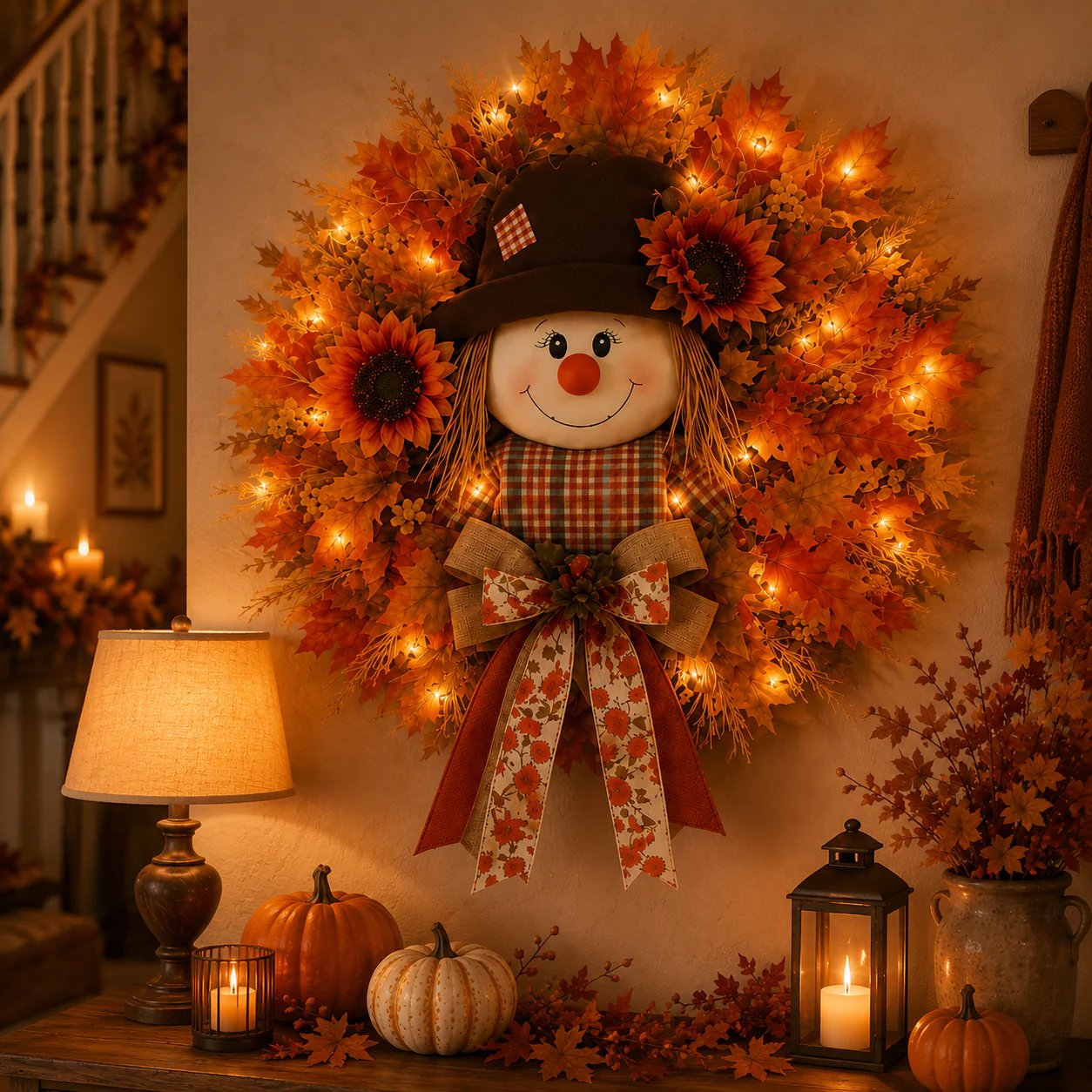 🍂🌻Lighted Scarecrow Fall Wreath for Front Door