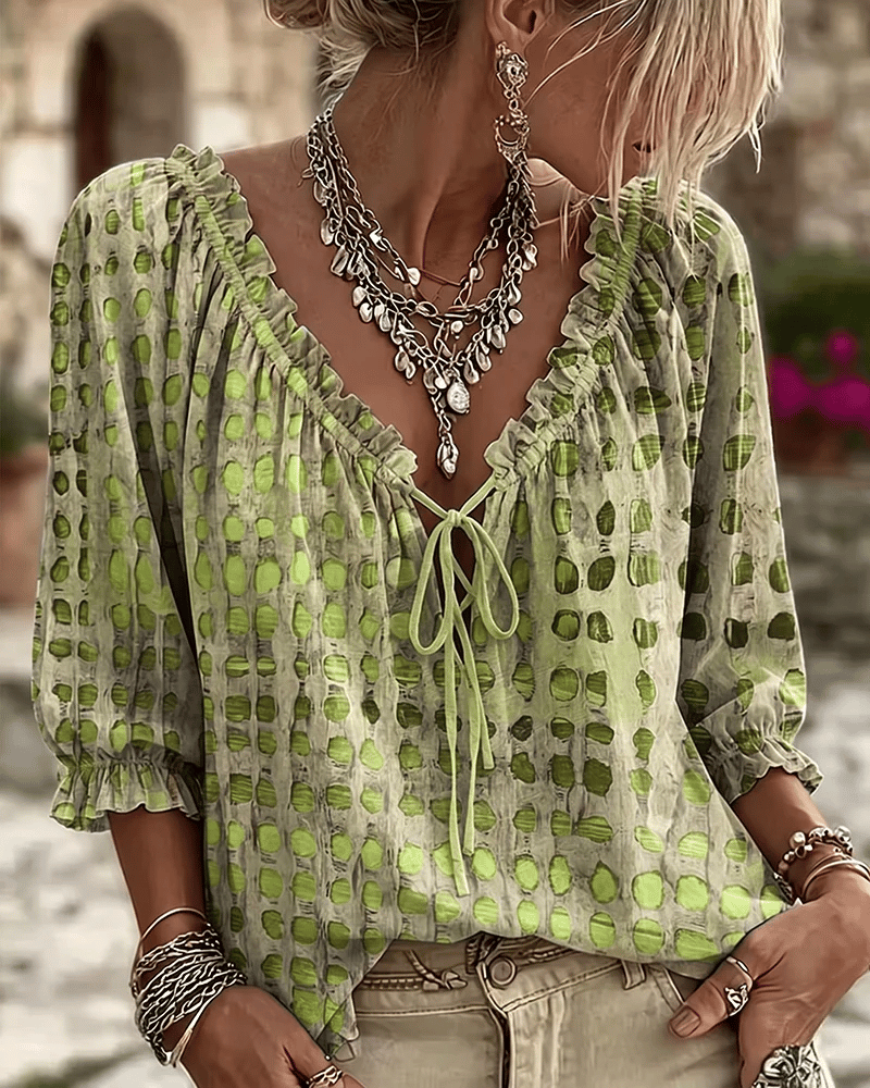 Women 3/4 Sleeve V-Neck Polka Dot Lace Up Blouse