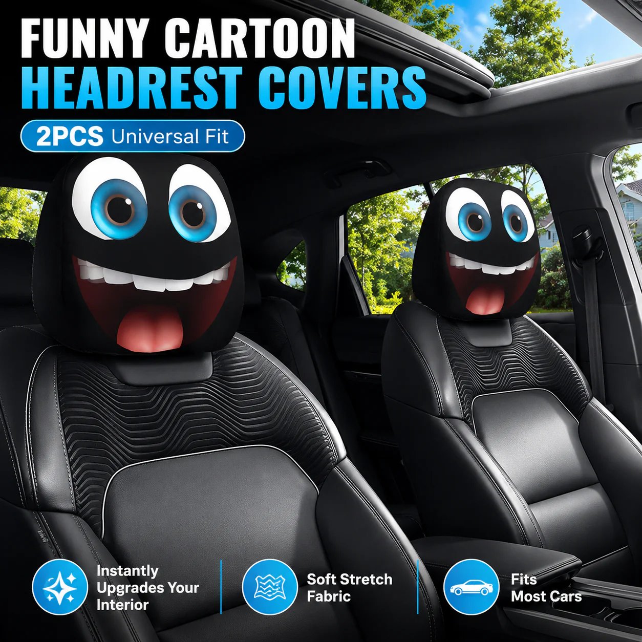 🔥😆 Funny Cartoon Car Headrest Covers – 2PCS Universal Fit 🚗