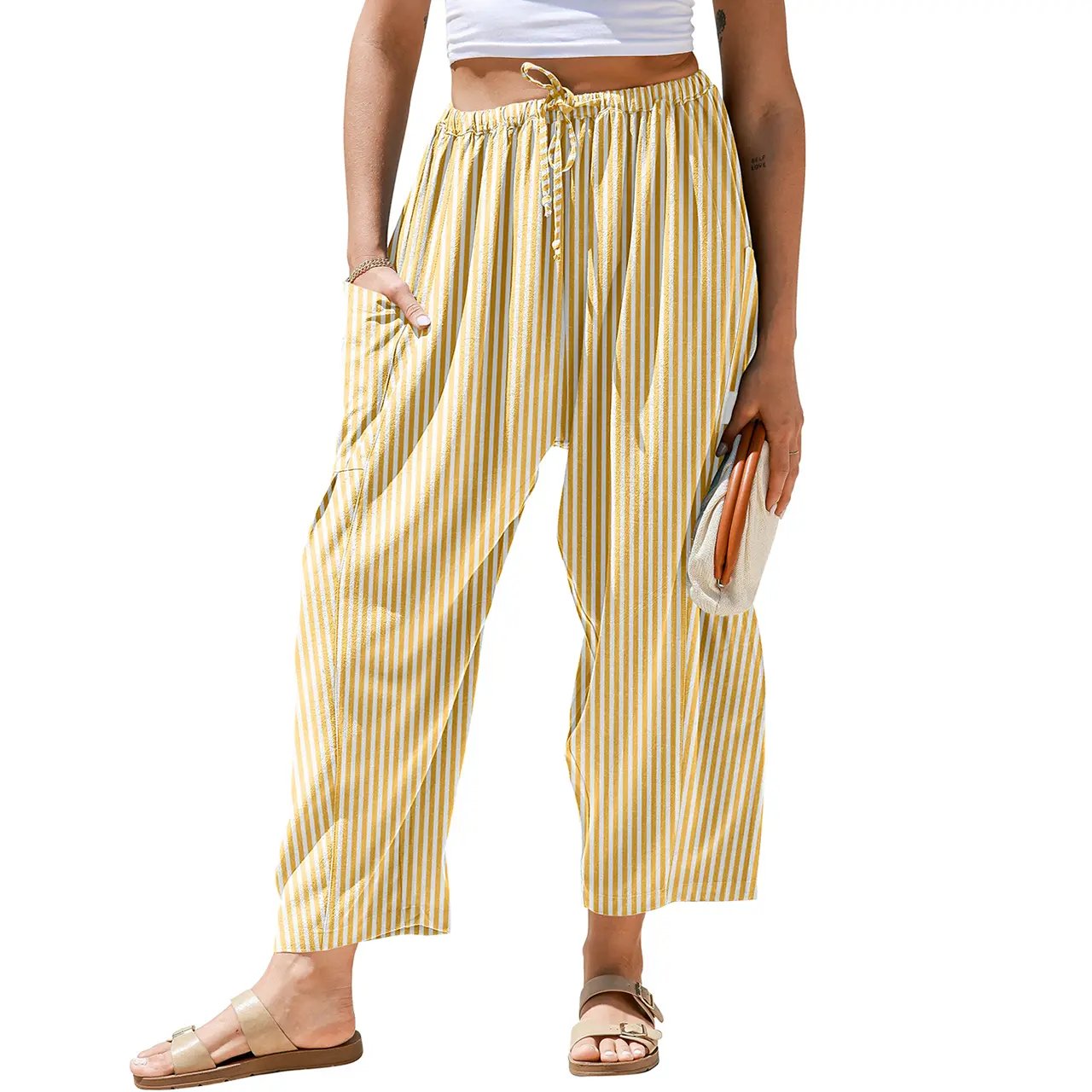 Womens Wide Leg Gingham Striped Plaid Pants Casual Barrel Loose Drawstring Low Waist Palazzo Harem Pants with Pockets