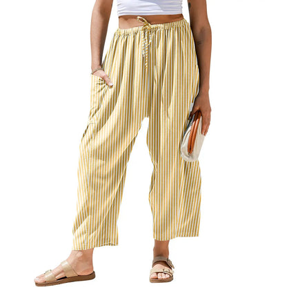 Womens Wide Leg Gingham Striped Plaid Pants Casual Barrel Loose Drawstring Low Waist Palazzo Harem Pants with Pockets
