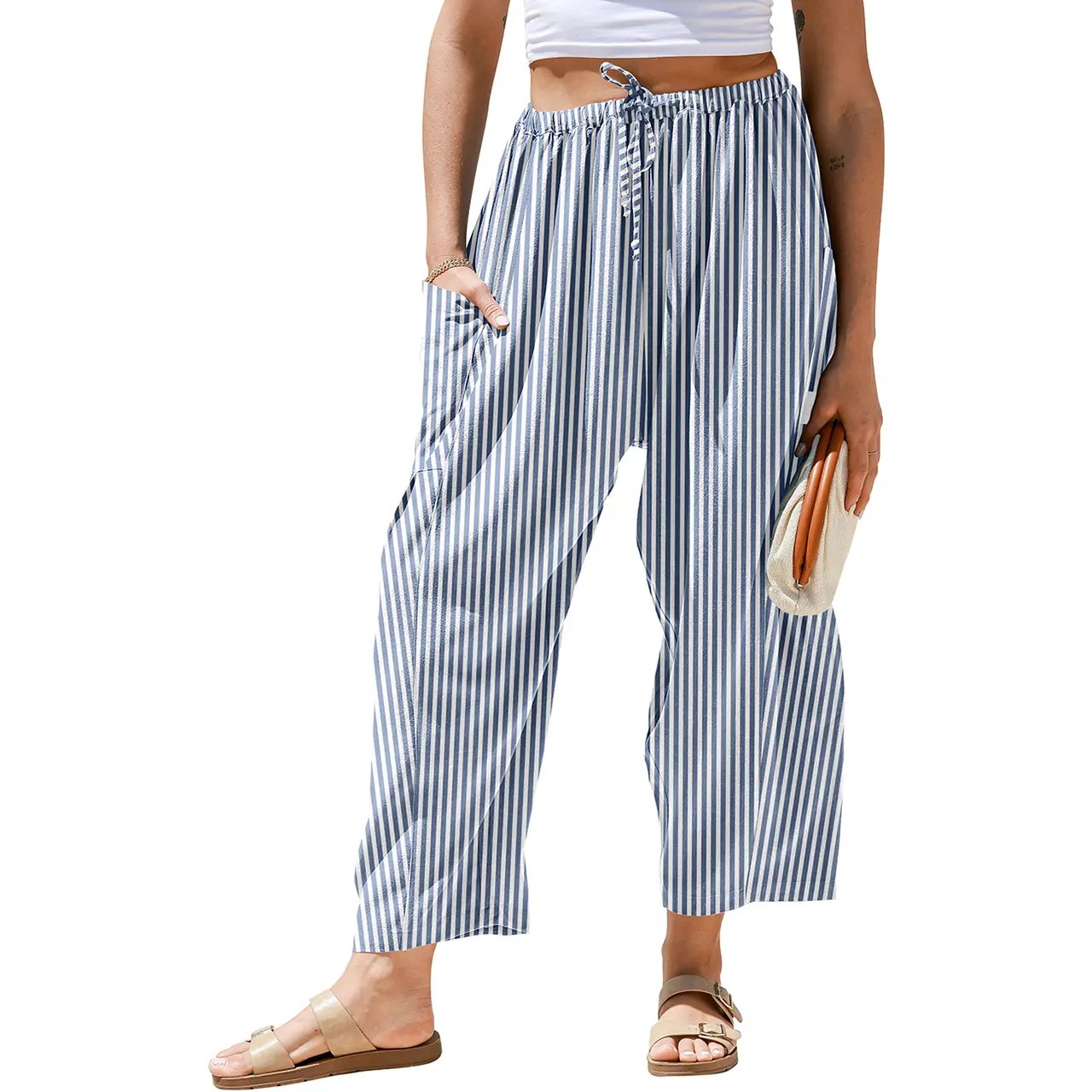Womens Wide Leg Gingham Striped Plaid Pants Casual Barrel Loose Drawstring Low Waist Palazzo Harem Pants with Pockets