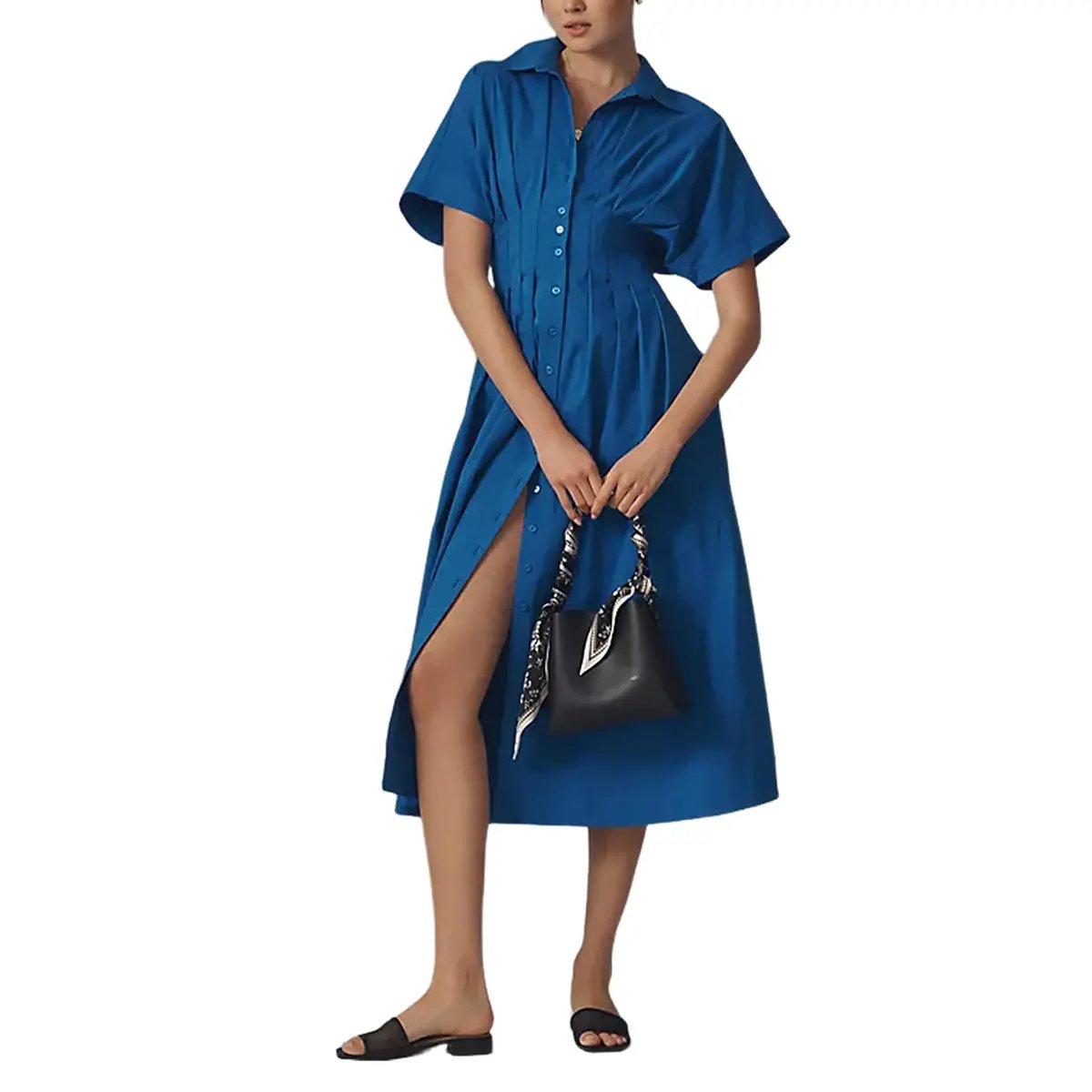 Shirt Dress for Women Summer Casual Short Sleeve Button Down Loose Pleated Maxi Sundress with Pockets