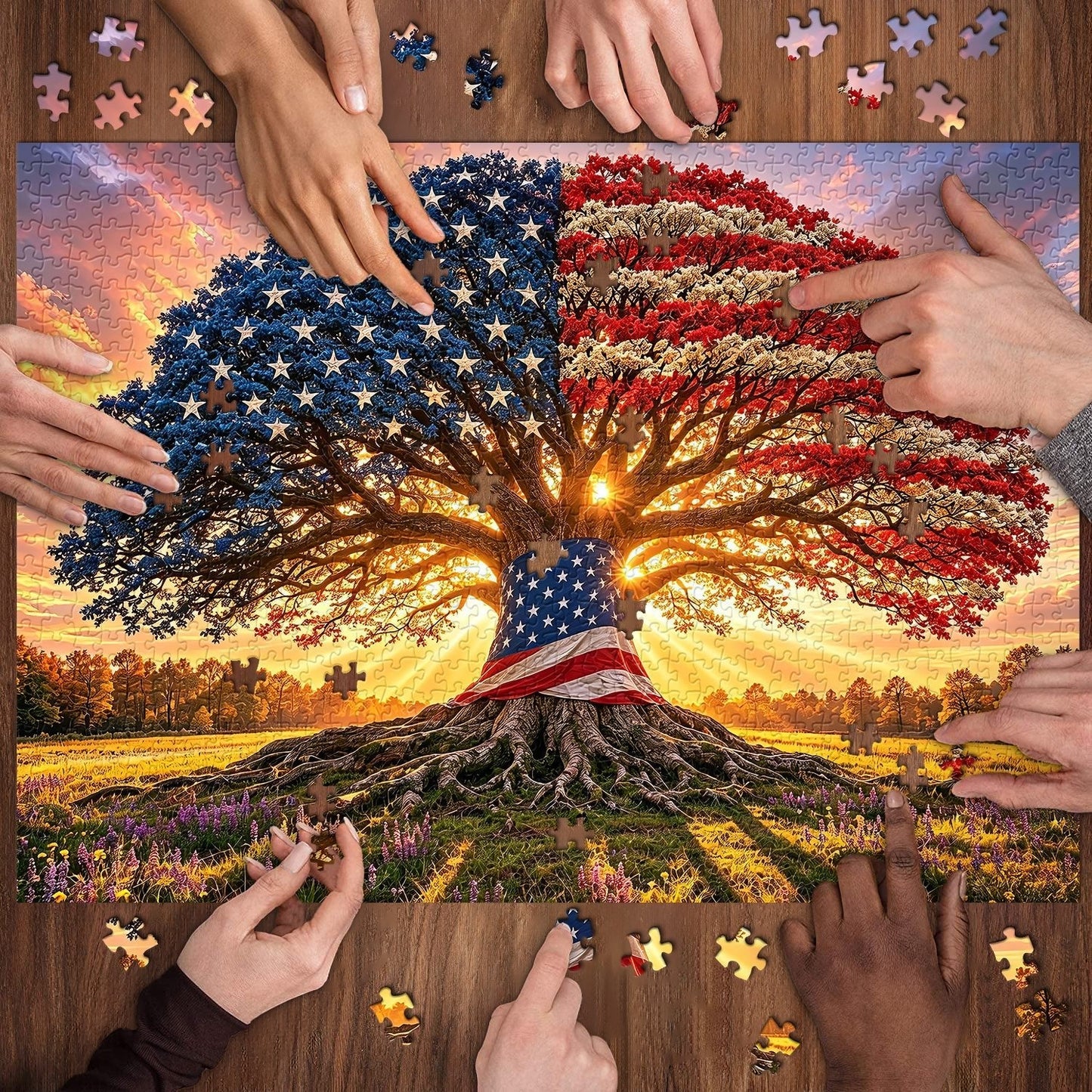 Liberty Root Oak Jigsaw Puzzle 1000 Piece – Patriotic Flag Tree Design