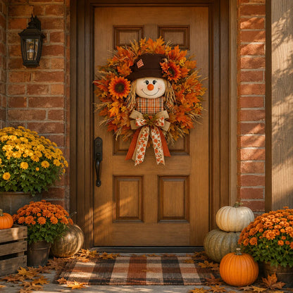 🍂🌻Lighted Scarecrow Fall Wreath for Front Door